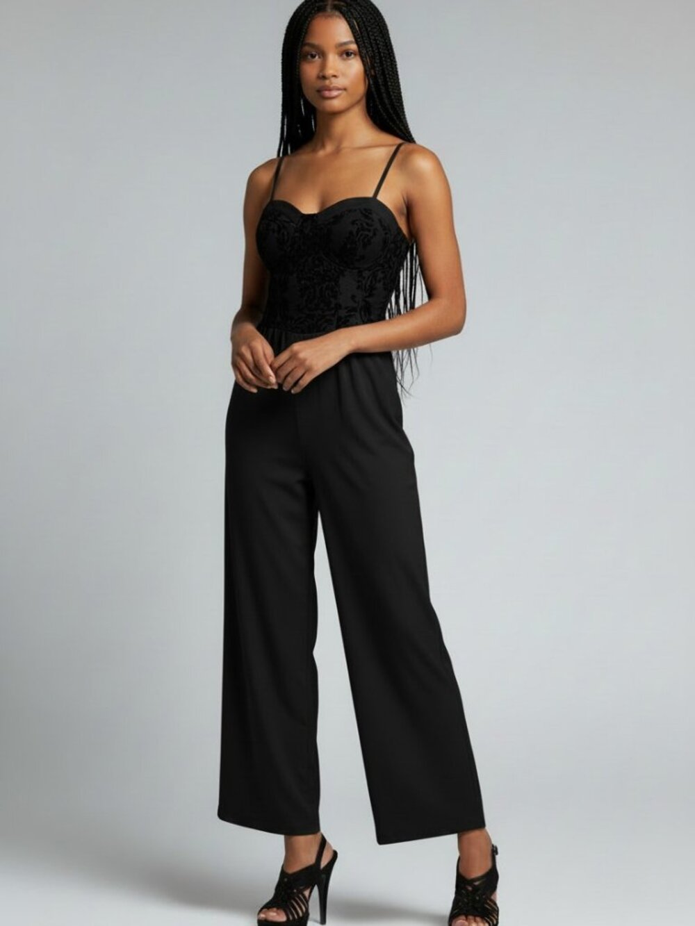🤑🌭🍍Band of Gypsies Black Embroidered Bust Jumpsuit with Spaghetti Straps